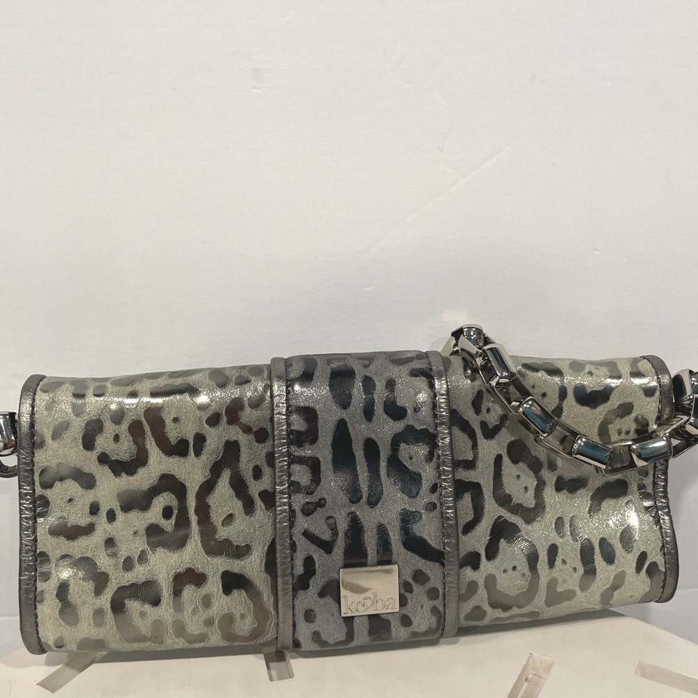 Kooba Leopard Print Shoulder Handbag Silver Chain‎ Strap Mini East West Bag